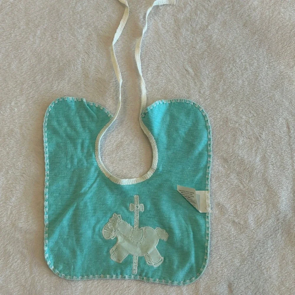 Vintage JCPenney Baby Bib Aqua Teal Cotton Carousel Horse Made in USA